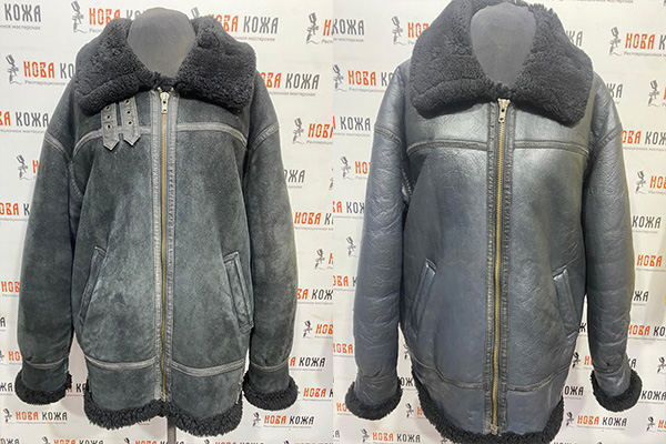 Пример покраски кожаной куртки в Москве, покраска кожаных изделий, лакированной кожи, восстановление сумок, элитных сумок, портфелей, замена ручек, молнии